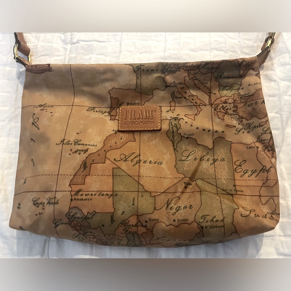 Alviero Martini Crossbody Bag in Map Print Brown and Tan